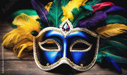 A blue masquerade mask with gold trim and a jeweled crown sits on a wooden surface photo