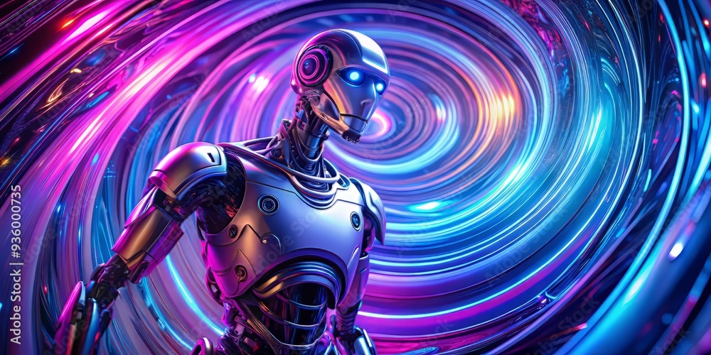 Quantum Rift: Distorted, 3D robot form warping through a swirling vortex of purple and blue, capturing psychedelic, futuristic essence in a close-up, tilted shot. Quantum Rift: Distorted, 3D robot form warping through a swirling vortex of purple and blue, capturing psychedelic, futuristic essence in a close-up, tilted shot.