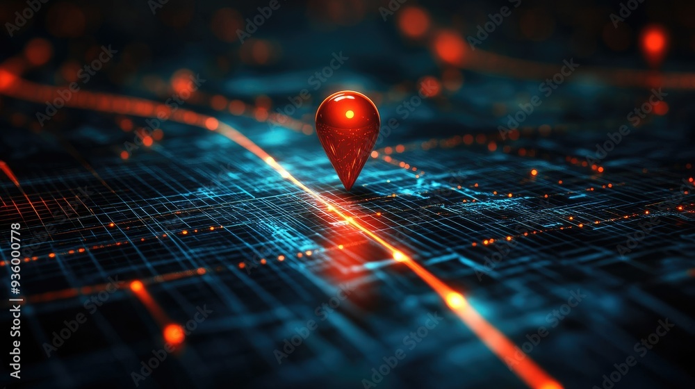 Digital grid road with a red map pin indicating a precise location. -