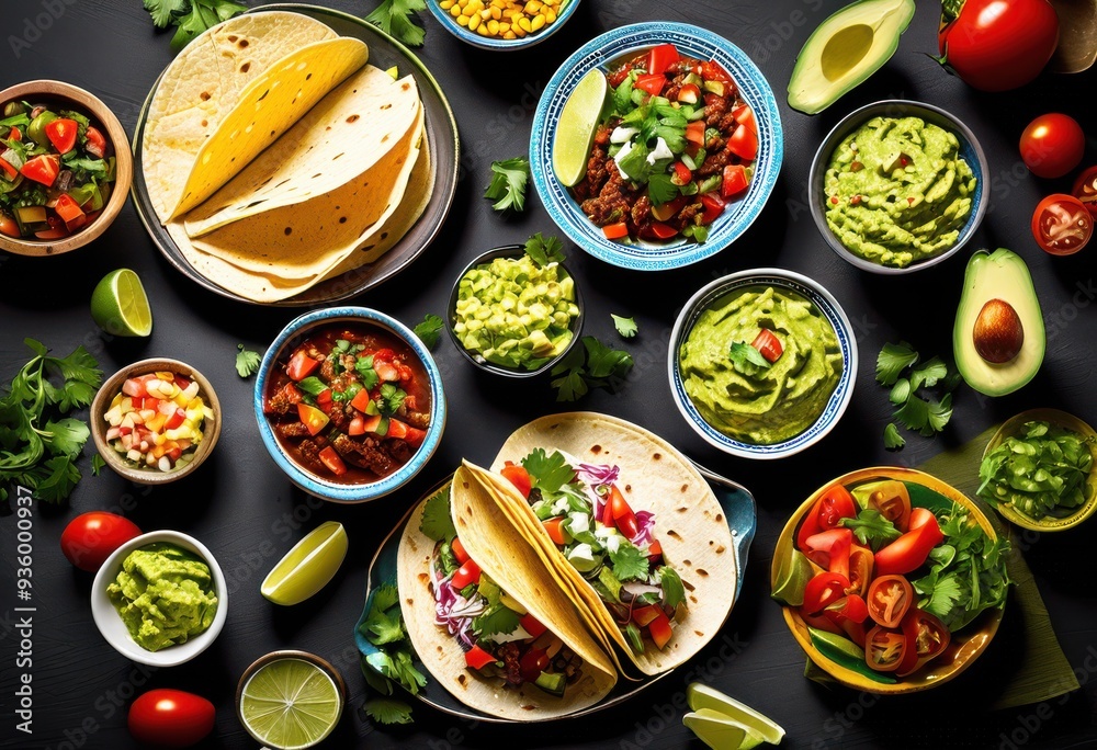vibrant taco selection displayed colorful table arrangement various toppings ingredients, food, meal, party, platter, appetizer, snack, celebration vibrant taco selection displayed colorful table arrangement various toppings ingredients, food, meal, party, platter, appetizer, snack, celebration