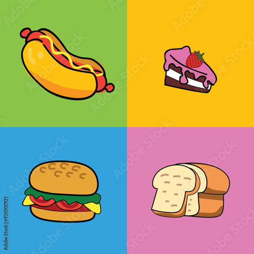 Set of vector illustrations of junk food consisting of hamburgers, hot dogs, cakes, and bread