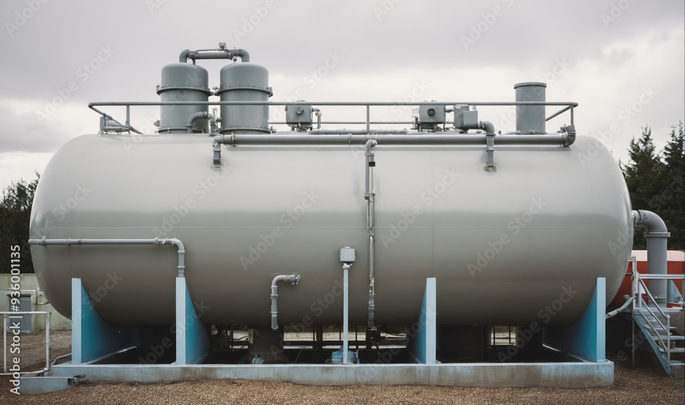 A large, gray storage tank sits on concrete supports in a field A large, gray storage tank sits on concrete supports in a field