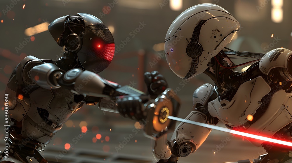 Robot Fencer in Duel: A nimble robot fencer engaging in a fast-paced duel, sword raised.
Robot Fencer in Duel: A nimble robot fencer engaging in a fast-paced duel, sword raised.