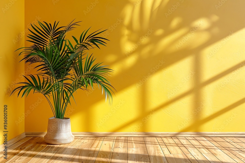 Palm tree shadows on a yellow wall background Palm tree shadows on a yellow wall background
