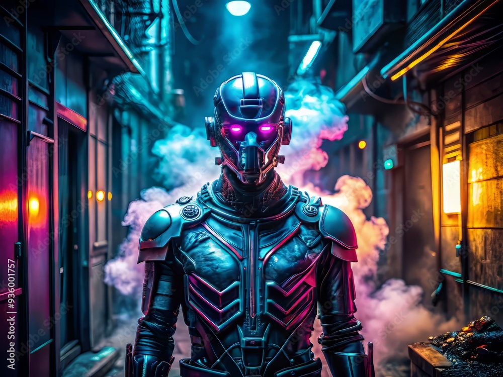 High-contrast, moody tone for a mysterious cyborg with intricate digital patterns and neon accents, set against a dark, smoke-filled alleyway environment. High-contrast, moody tone for a mysterious cyborg with intricate digital patterns and neon accents, set against a dark, smoke-filled alleyway environment.