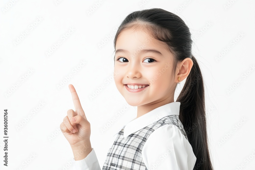 Portrait of a pretty attractive confident glad cheerful straight-haired preteen girl pointing aside an advert ad tips feedback sale discount set against a colorful bright vivid yellow background Portrait of a pretty attractive confident glad cheerful straight-haired preteen girl pointing aside an advert ad tips feedback sale discount set against a colorful bright vivid yellow background