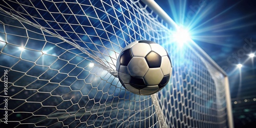 Soccer ball bending the net in goal with flashes of light , soccer, ball, goal, net, bend