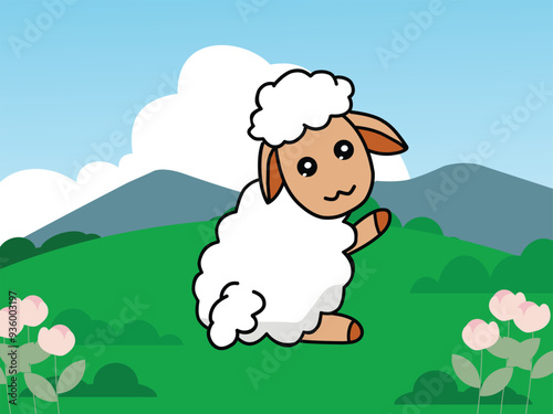 Vector illustration of cute sheep with a Landscape Background