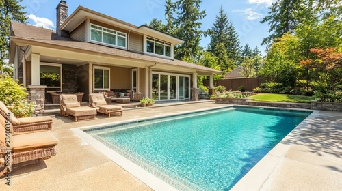 The newly constructed rectangular swimming pool of a new residence, situated in a fenced backyard