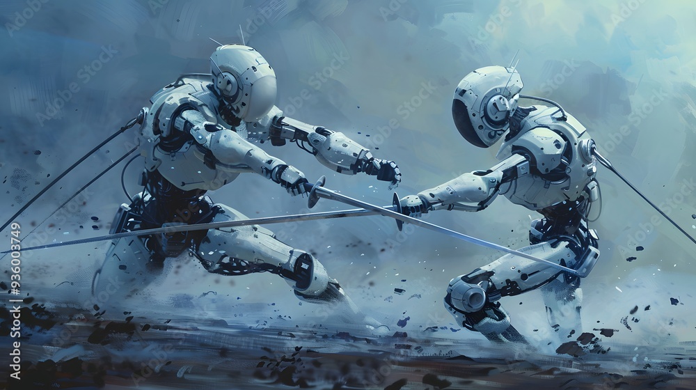 Fototapeta premium Robot Fencer in Duel: A nimble robot fencer engaging in a fast-paced duel, sword raised. 