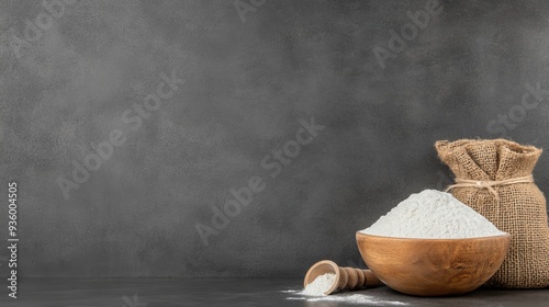 Flour is neatly placed in a bowl on a wooden table, surrounded by wheat stalks and a bag of flour, creating a cozy and inviting kitchen atmosphere perfect for baking