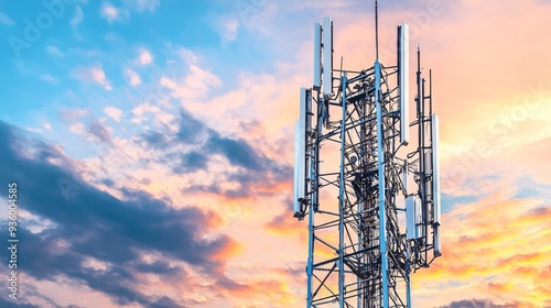 The antenna tower of a telecommunications and phone base station includes antennas for TV and internet access