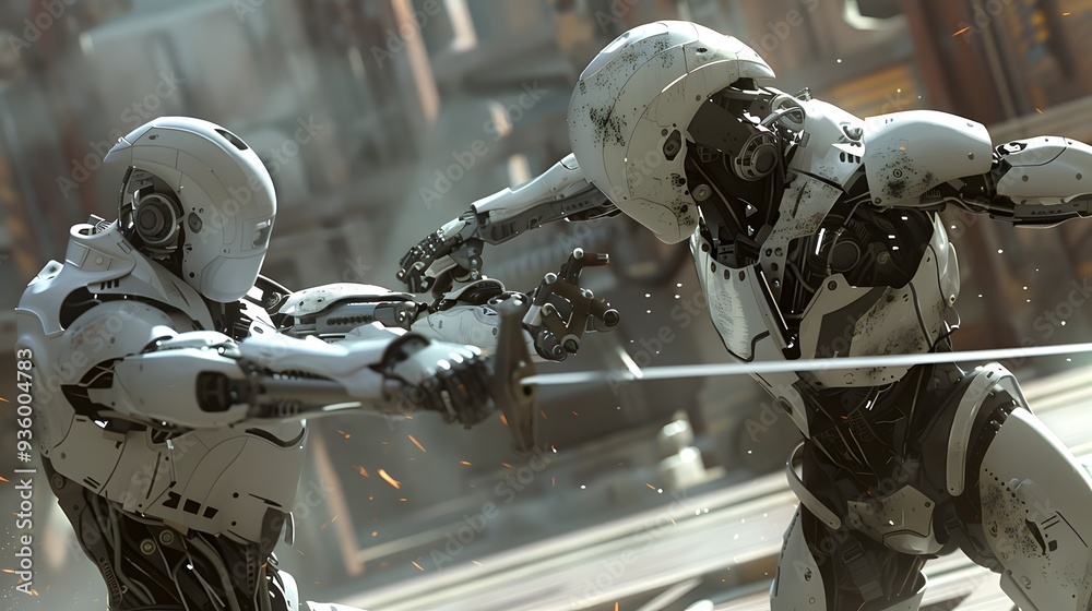 Fototapeta premium Robot Fencer in Duel: A nimble robot fencer engaging in a fast-paced duel, sword raised. 