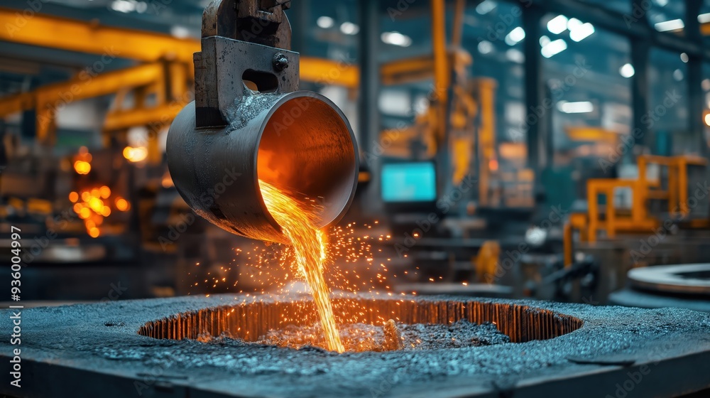 Molten metal being poured from a ladle into a mold in an industrial ...