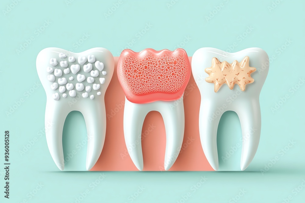 A conceptual illustration of three dental teeth, showcasing health, decay, and gum disease on a pastel background. A conceptual illustration of three dental teeth, showcasing health, decay, and gum disease on a pastel background.