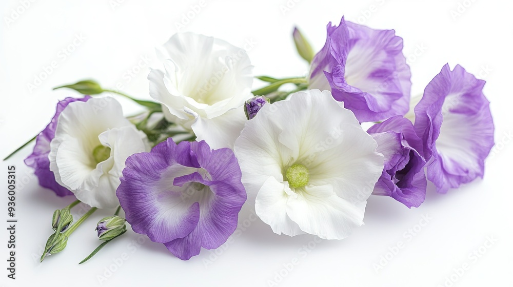 Obraz premium Elegant arrangement of white and purple eustoma flowers delicately placed on a white background, showcasing their beauty. -