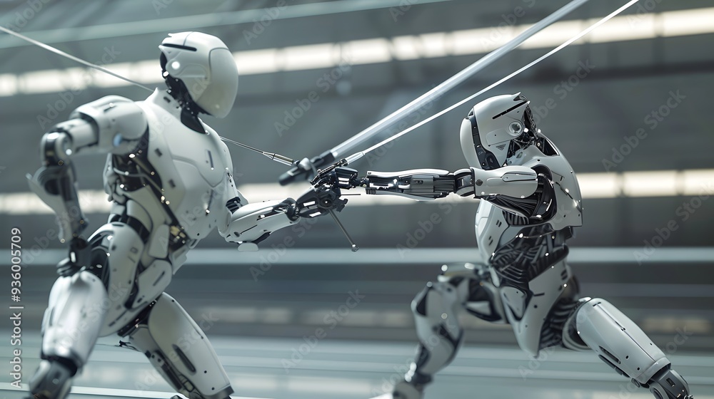 Robot Fencer in Duel: A nimble robot fencer engaging in a fast-paced duel, sword raised.
