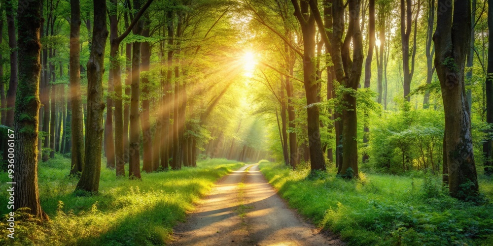 Fototapeta premium Path leading into the forest with sunlight shining through trees, path, forest, sunlight, trees, nature, journey