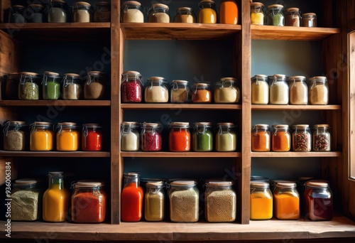 Wallpaper Mural colorful pantry shelves overflowing fresh staples creating lively culinary atmosphere, ingredients, spices, vegetables, fruits, herbs, bottles, cans, jars Torontodigital.ca