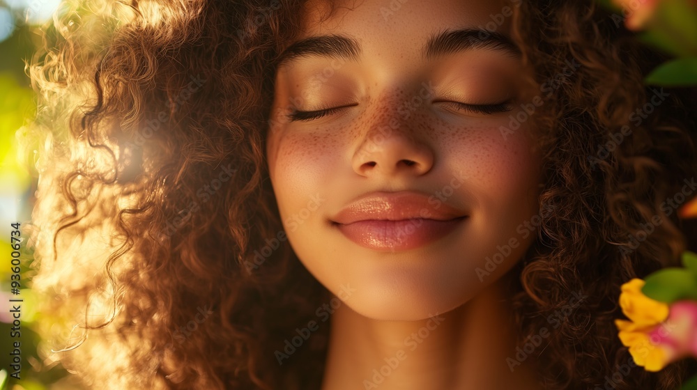 Fototapeta premium A young woman with curly hair smiles in a vibrant park, radiating joy and tranquility.