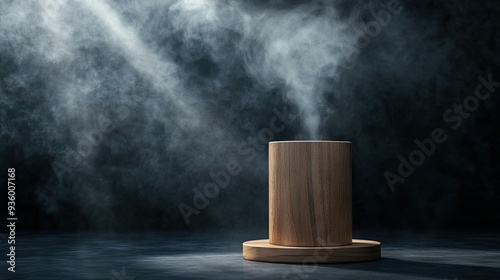 Elegant wooden cylinder display stand on a dark abstract background, with smoke rising and a spotlight emphasizing its form.