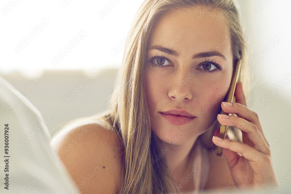 Thinking, woman and phone call on bed at house for communication, feedback response and online conversation. Girl, mobile and discussion for contact, internet and connection of listen news in morning Thinking, woman and phone call on bed at house for communication, feedback response and online conversation. Girl, mobile and discussion for contact, internet and connection of listen news in morning