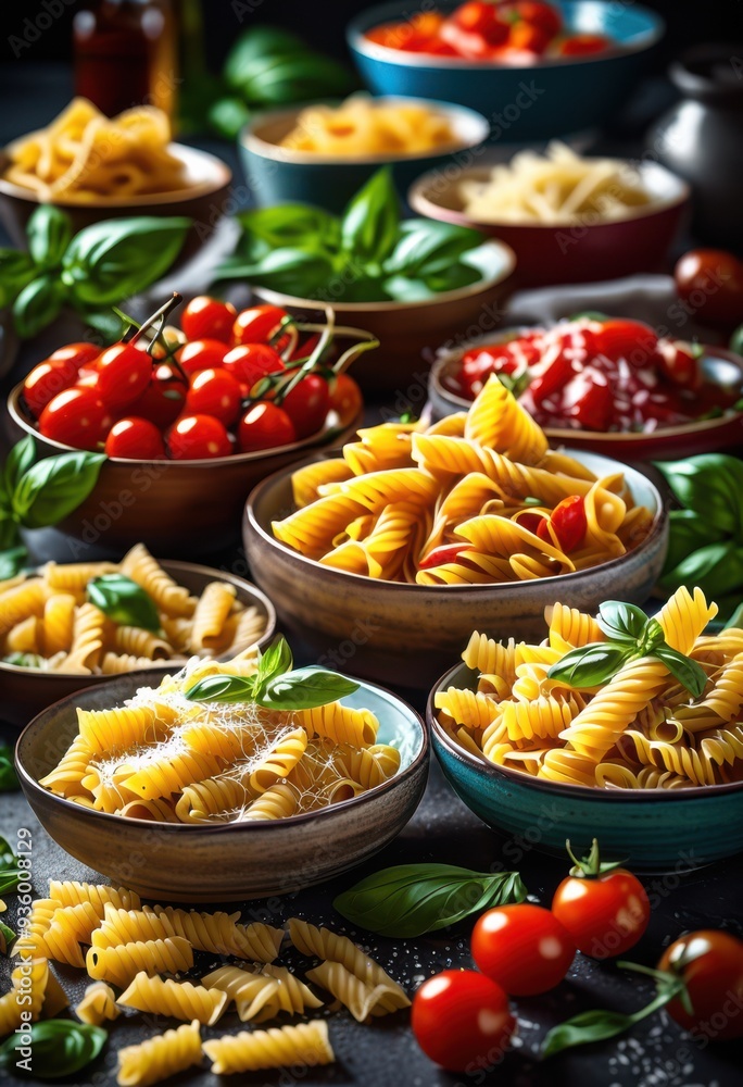 vibrant display colorful italian pasta dishes arranged artfully bright surface showcasing culinary creativity diversity, cuisine, food, ingredients, plate vibrant display colorful italian pasta dishes arranged artfully bright surface showcasing culinary creativity diversity, cuisine, food, ingredients, plate