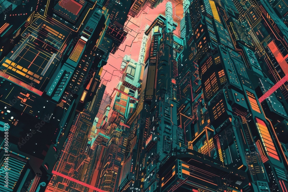 A View Upward Through a Futuristic City A View Upward Through a Futuristic City