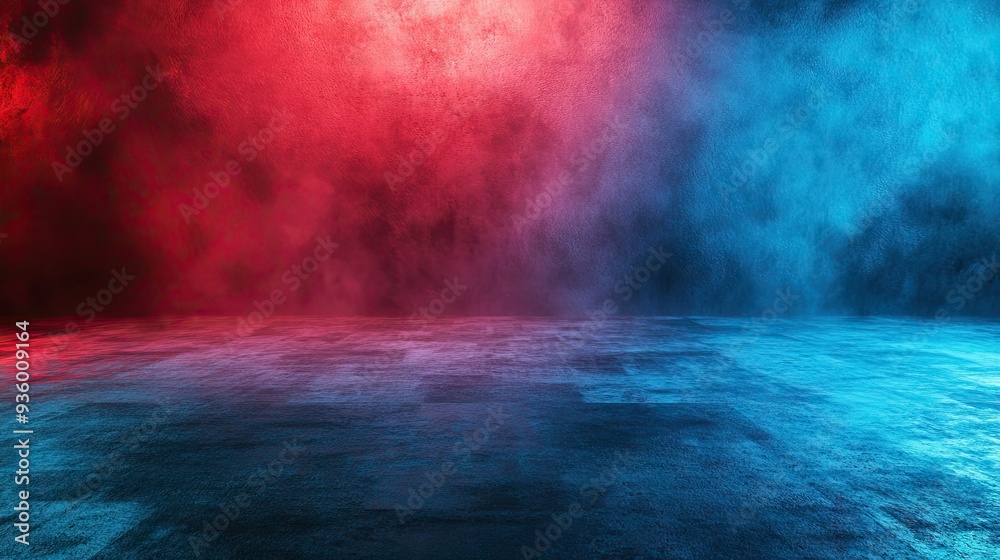 Empty space of Studio dark room with fog or mist and lighting effect red and blue on concrete floor grunge texture background. Empty space of Studio dark room with fog or mist and lighting effect red and blue on concrete floor grunge texture background.