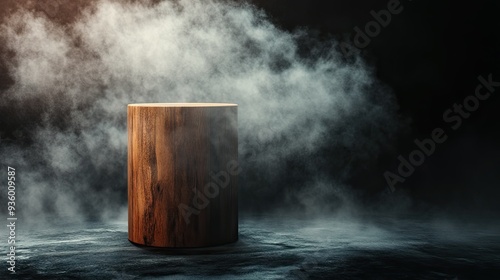 Empty wooden cylinder display stand, dark abstract wall backdrop, with smoke rising and a strong spotlight.