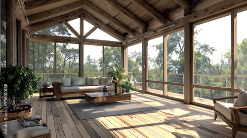 Covered deck with a vaulted ceiling, exposed beams, and retractable glass walls for year-round use