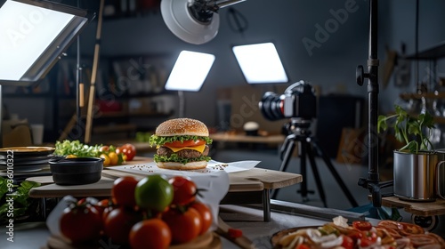 Professional food photography setup with a cheeseburger on a table, surrounded by fresh ingredients and photography equipment including cameras and lighting.
