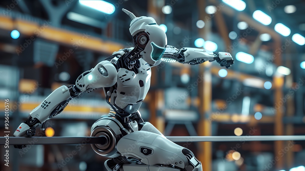 Fototapeta premium Robot Gymnast on Balance Beam: A robot gymnast maintaining perfect balance while performing on a beam. 