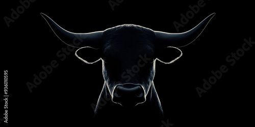 A striking image of a bull head silhouette against a stark black background, symbolizing the bullish market sentiment in cryptocurrency or stock trading, Generative AI.
