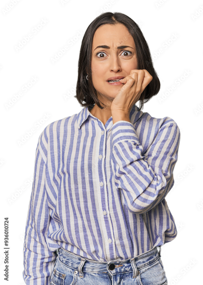 Young Caucasian woman with short hair biting fingernails, nervous and very anxious. Young Caucasian woman with short hair biting fingernails, nervous and very anxious.