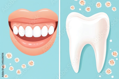 Bright smile with healthy teeth beside a single tooth illustration. A perfect representation of dental health concepts.