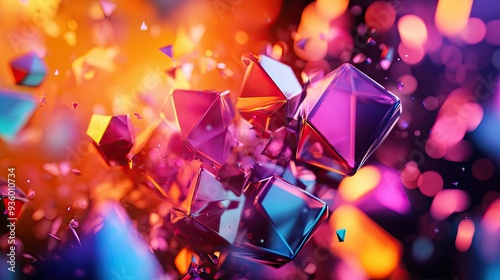 Energetic 3D design with colorful, shifting polygonal shapes creating a lively atmosphere.