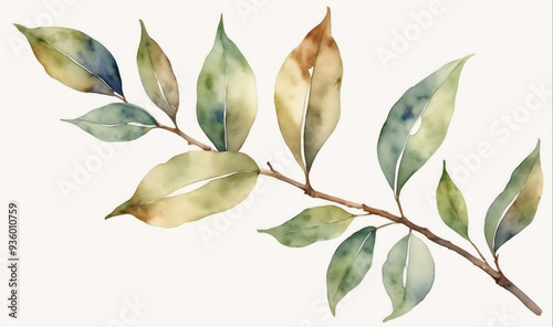 A watercolor painting of a leafy branch with green and brown leaves