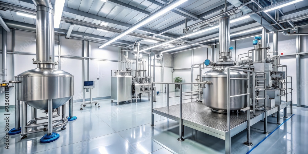 Modern stainless steel industrial equipment in a large, clean manufacturing facility, highlighting advanced technology and high-efficiency production in a pharmaceutical or food processing plant.
Modern stainless steel industrial equipment in a large, clean manufacturing facility, highlighting advanced technology and high-efficiency production in a pharmaceutical or food processing plant.