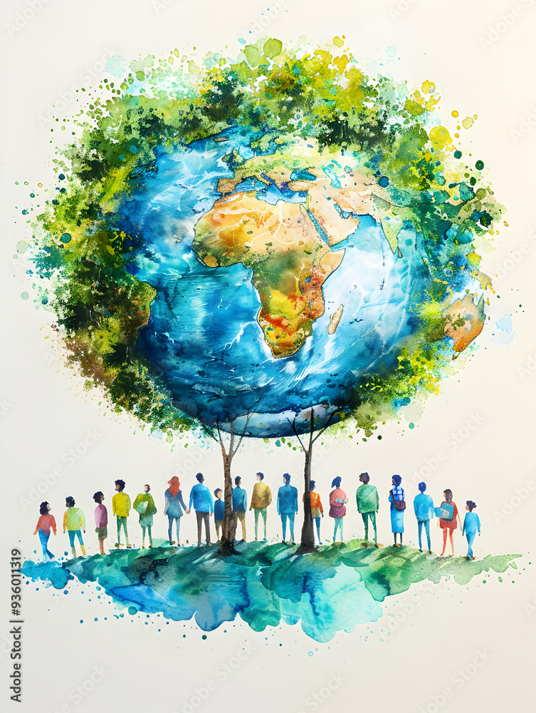 Naklejka premium Global Technology Integration: 3D Flat People Icon Integrating Watercolor Earth on Whimsical Background