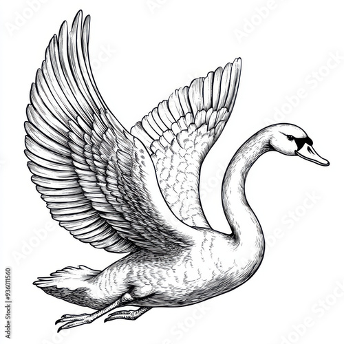 Fototapeta Naklejka Na Ścianę i Meble -  Black and white Vintage engraved art of an elegant swan with outstretched wings, isolated on white background, ink sketch illustration, simple vector art design, highly detailed line art