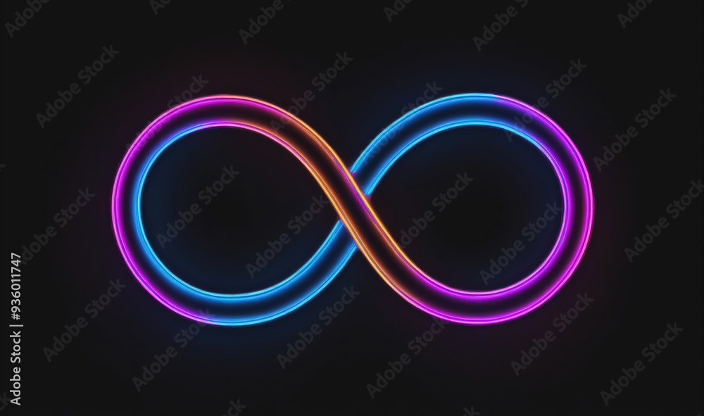 Fototapeta premium A neon infinity symbol glows in blue, pink, and orange against a black background
