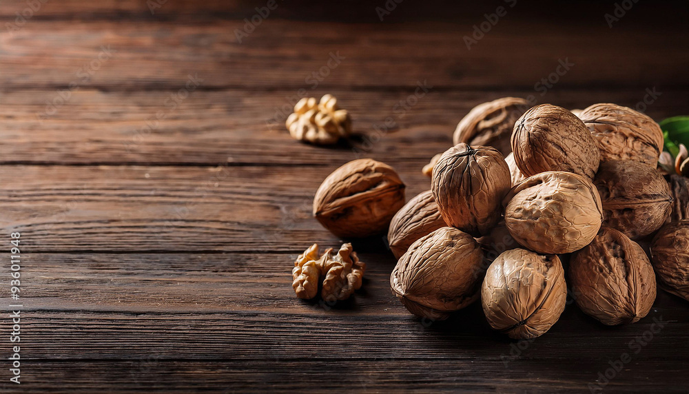 Heap of Walnuts on Dark Wooden Planks with Copy Space Heap of Walnuts on Dark Wooden Planks with Copy Space