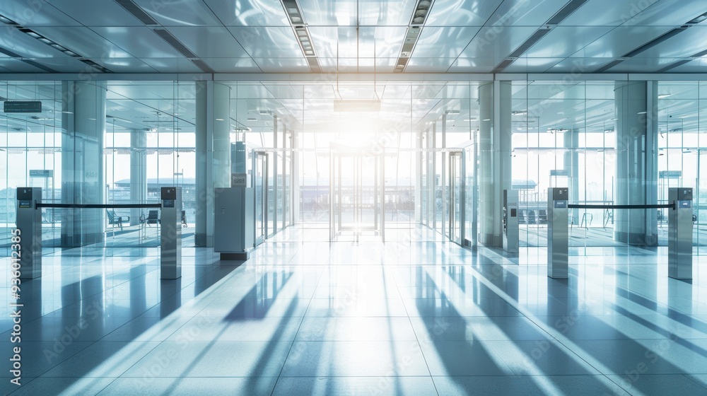 Modern airport entrance with security gates and scanning technology. Bright sunlight streams through glass doors. Modern airport entrance with security gates and scanning technology. Bright sunlight streams through glass doors.