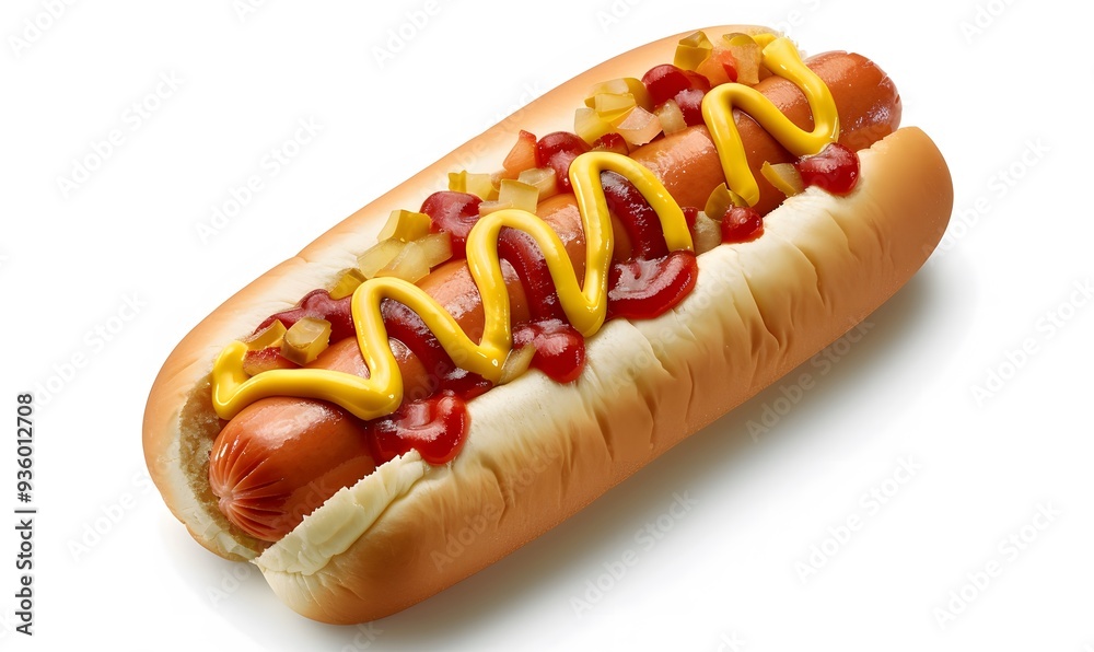 Delicious hot dog with ketchup and mustard, isolated on white background. Delicious hot dog with ketchup and mustard, isolated on white background.