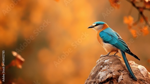 A Vibrant Bird Perched on a Rock with a Golden Background