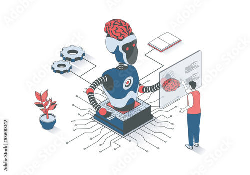 Artificial intelligence 3d isometric concept with isometry people design for web. Man programming robot brain, using AI servers and virtual chatbot, developing robotic technology. Vector illustration.