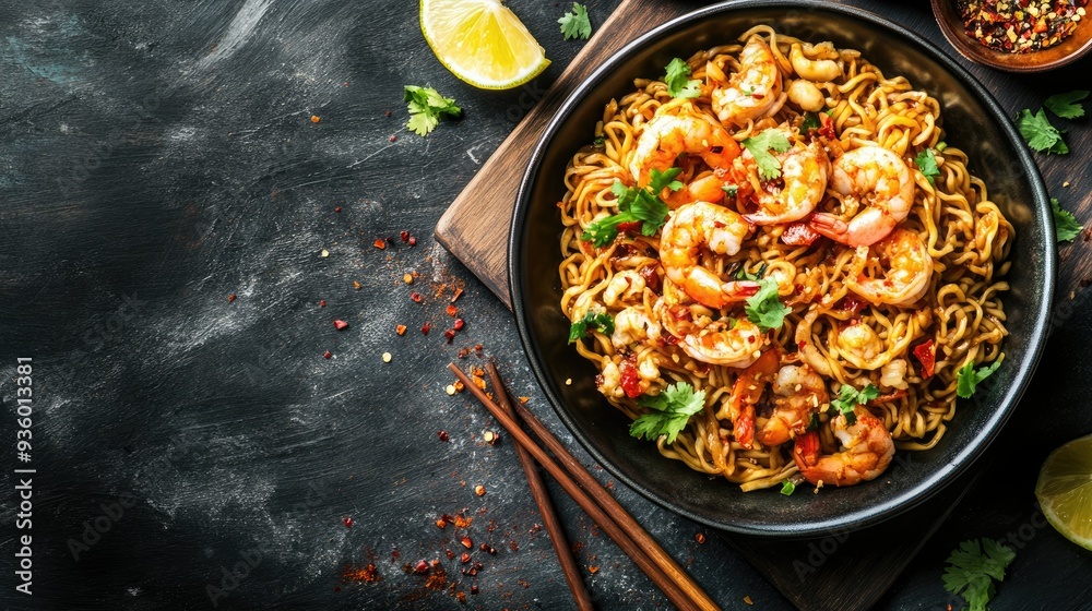 Flat lay of flavorful instant noodles and spicy seafood stir fry, with a sprinkle of spices, set against a black stone slate and wooden board background. Flat lay of flavorful instant noodles and spicy seafood stir fry, with a sprinkle of spices, set against a black stone slate and wooden board background.