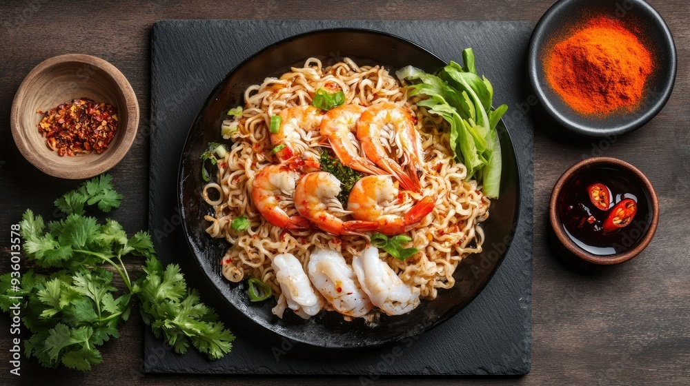 Flat lay of instant noodles topped with spicy stir-fried seafood, garnished with various spices, set on a black stone slate with a wooden board background. Flat lay of instant noodles topped with spicy stir-fried seafood, garnished with various spices, set on a black stone slate with a wooden board background.