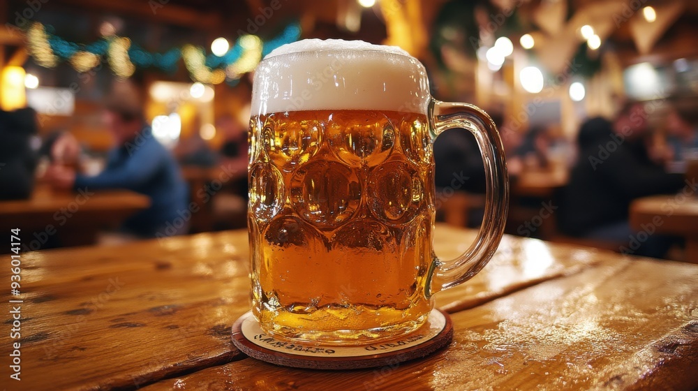 A close-up of a frothy beer mug with condensation dripping down the sides, sitting on a wooden table with a coaster, surrounded by the warm pub atmosphere of a traditional Bavarian beer garden, with A close-up of a frothy beer mug with condensation dripping down the sides, sitting on a wooden table with a coaster, surrounded by the warm pub atmosphere of a traditional Bavarian beer garden, with